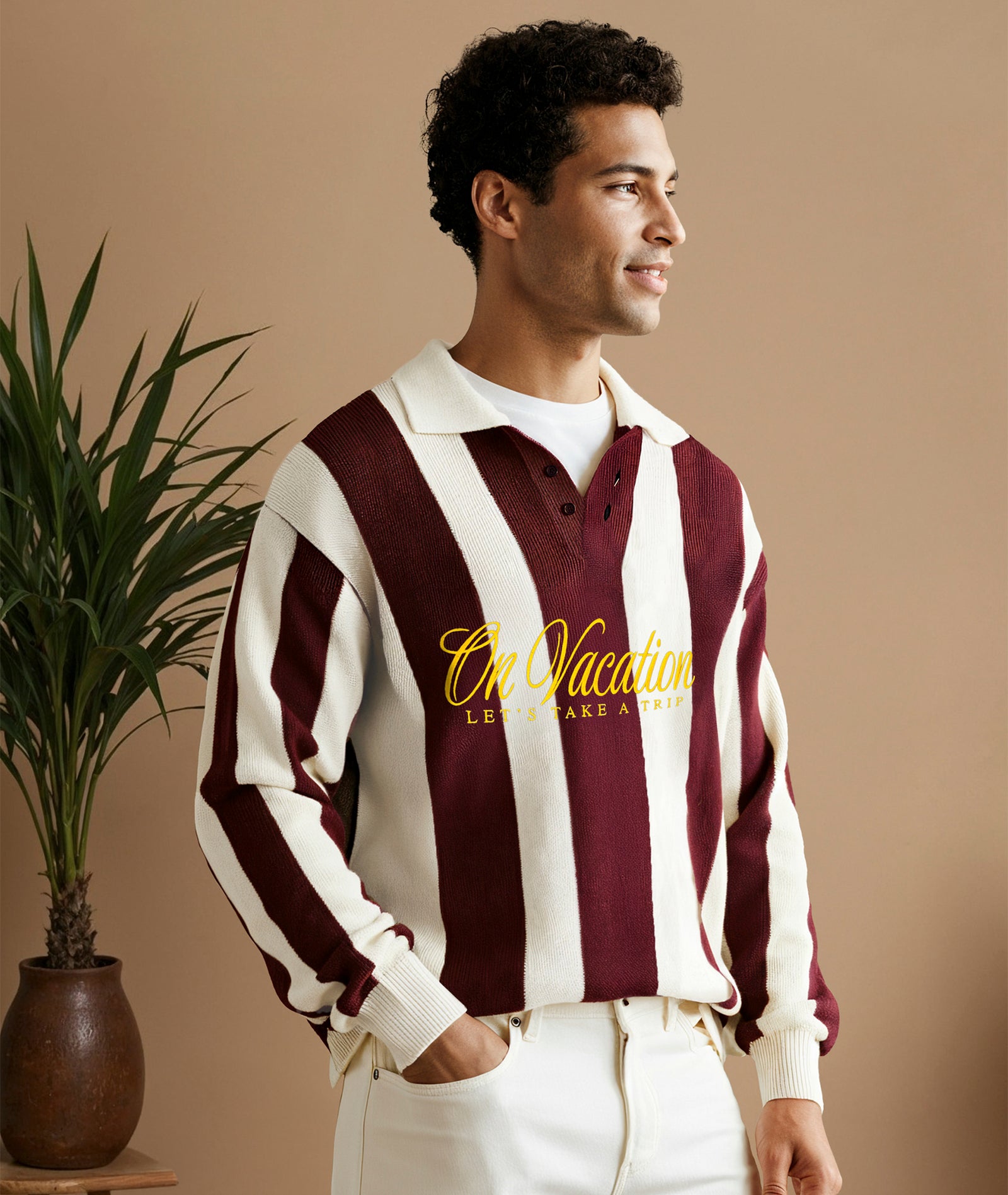 Lets Take A Trip Striped Knit Polo Sweater - Burgundy – On Vacation