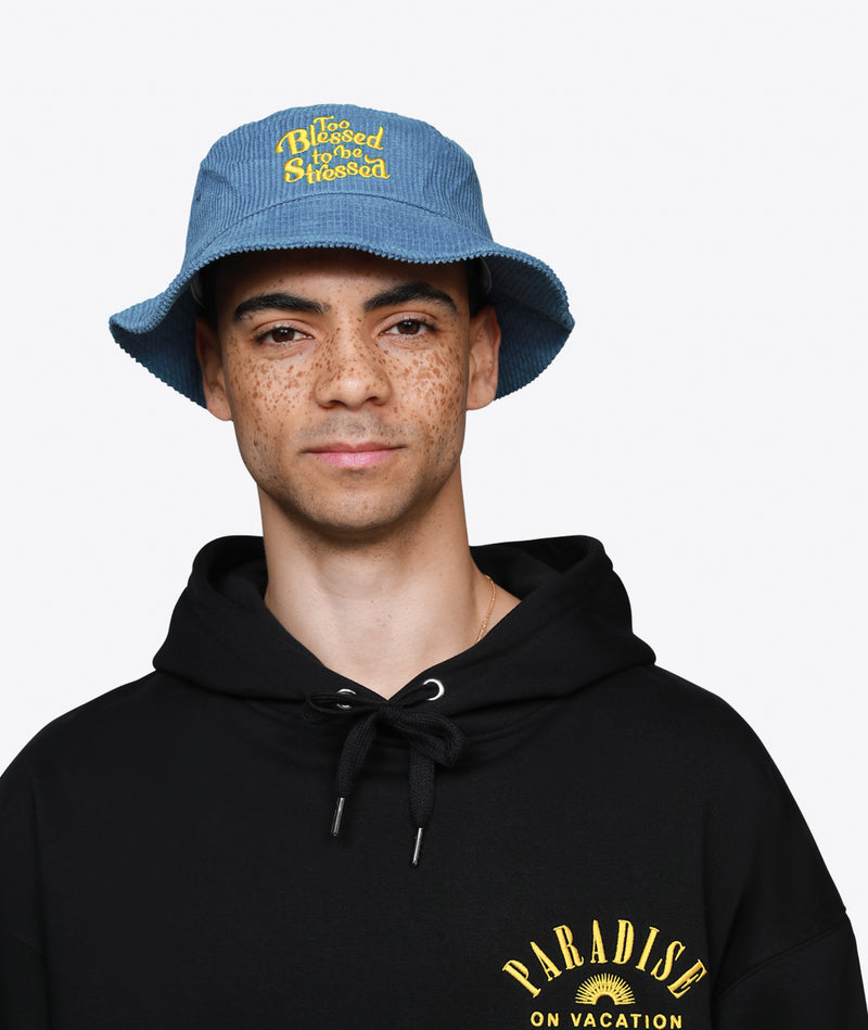 Too Blessed to be Stressed Corduroy Bucket Hat - Blue