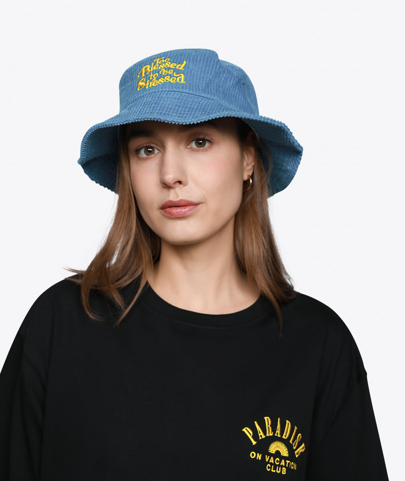Too Blessed to be Stressed Corduroy Bucket Hat - Blue