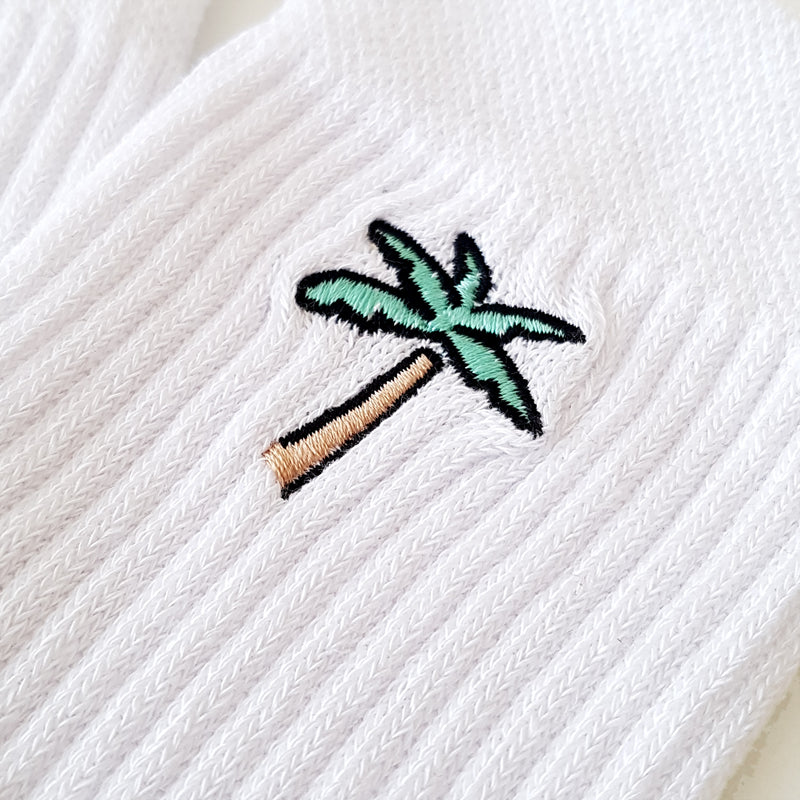 Retro Palms Embroidery Tennis Socks - White